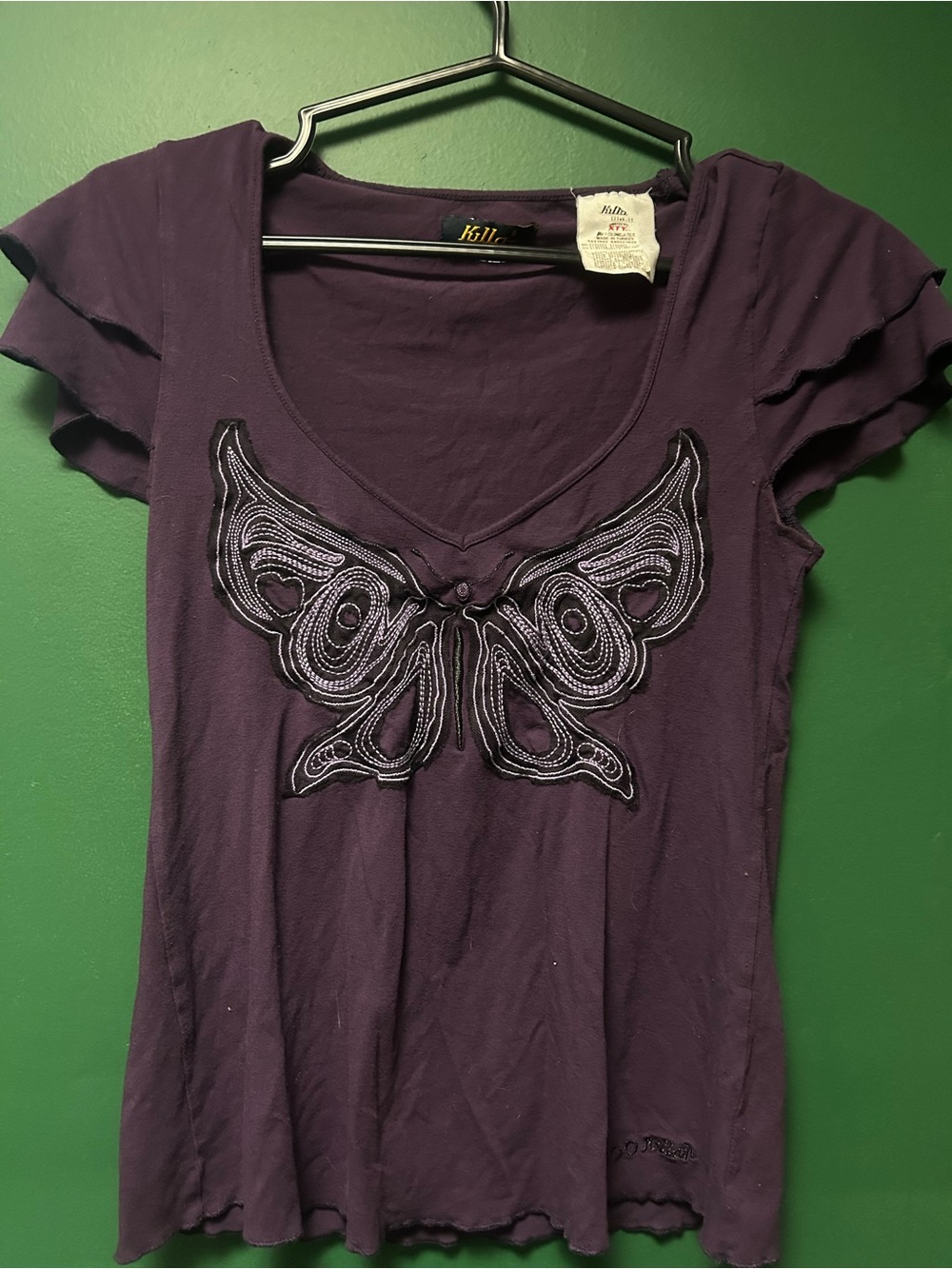 Ty Purple Short-Sleeve Scoop Neck Tee with Butterfly Applique